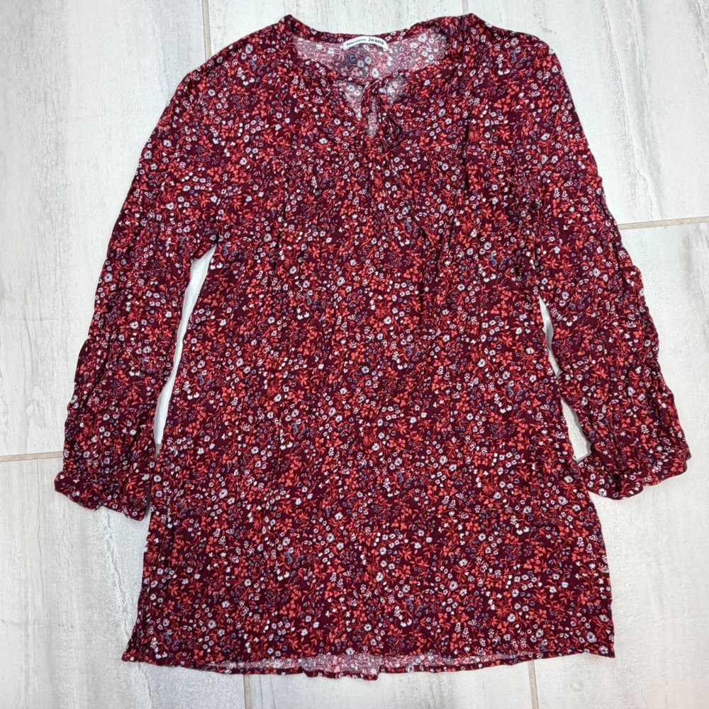 Reformation Jeans Red Floral Tie Neck Long Sleeve Mini Dress Small